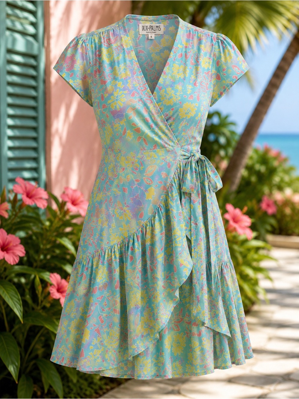 XIX-Palms Mint Floral Wrap Mini Dress